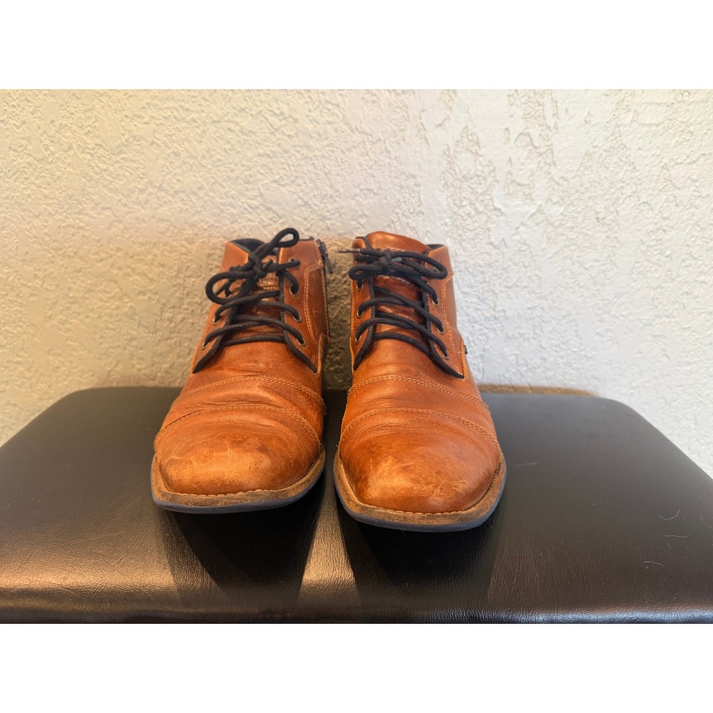 Jack & Jones Mens Tan Leather Lace Up Side Zip Ankle Boots Cap Toe Cognac